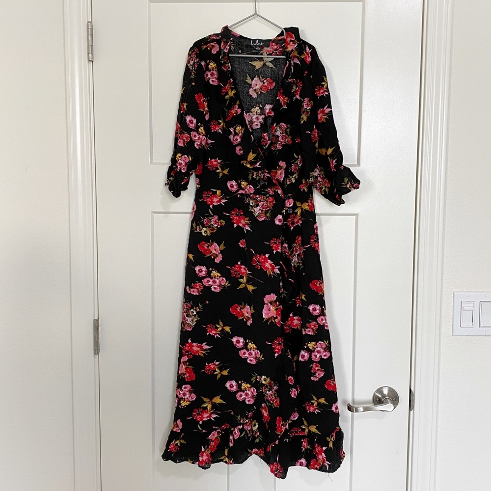 Lulu's Floral Print Ruffled Midi Dress